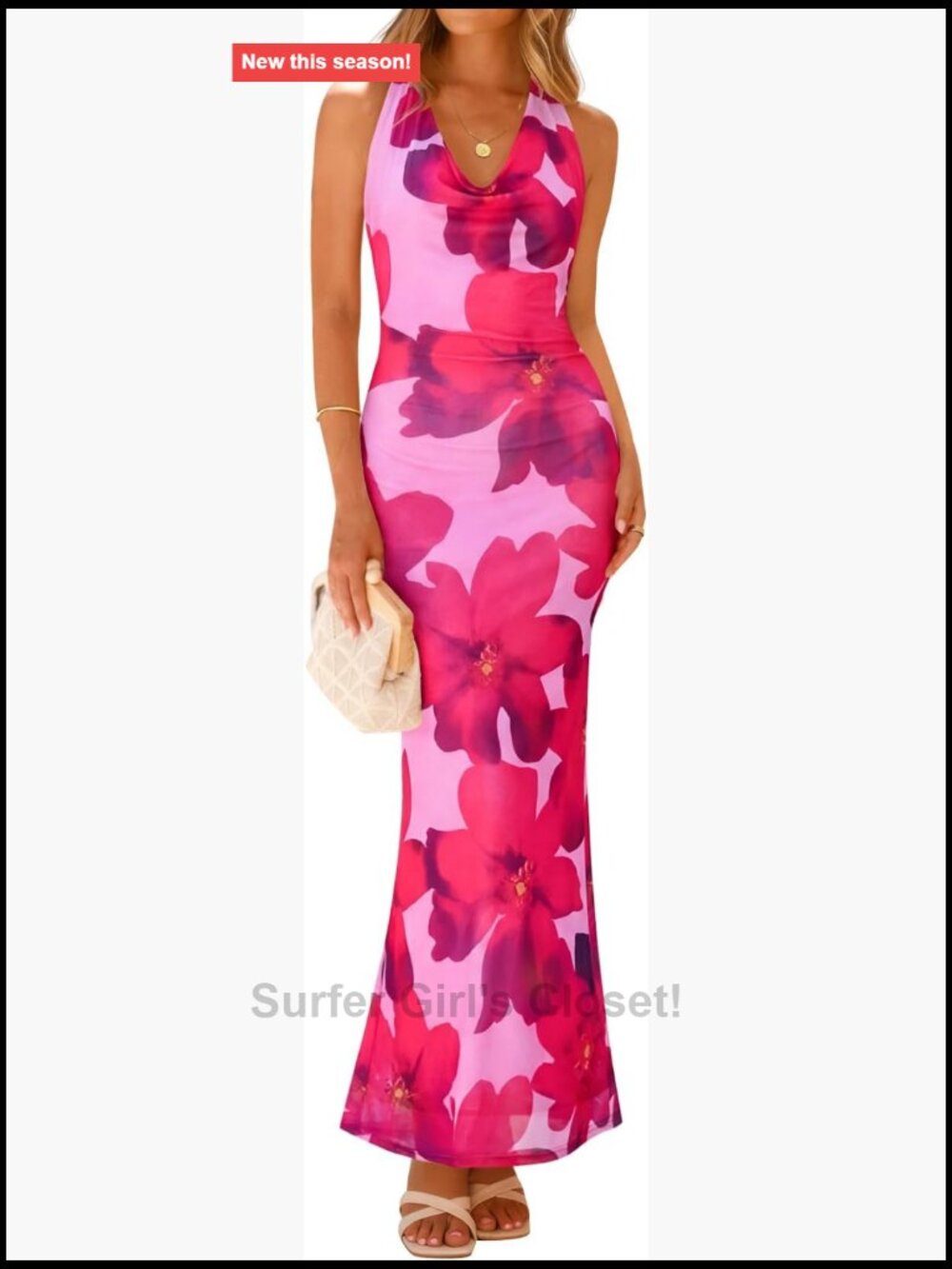 Women's Sleeveless Halter Neck Bodycon Floral Maxi Dress